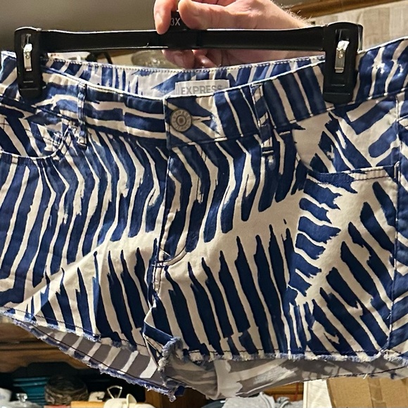Express Pants - Express Zebra Print Blue and White Jean Shorts